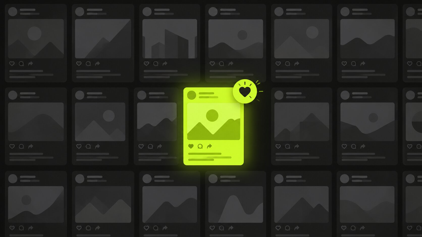 Editorial illustration on a dark charcoal background with lime accents: a crowded feed of forgettable posts with one distinctive, consistent brand standing out and being remembered