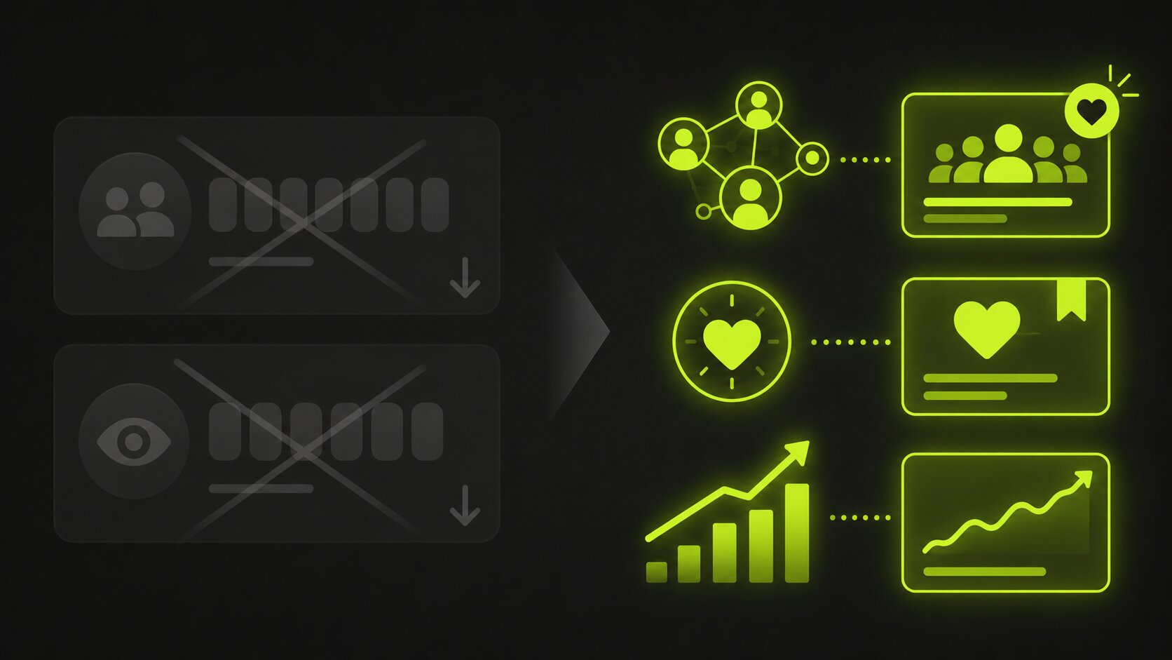 Editorial illustration on a dark background of measuring social media by real outcomes, engaged community, brand recall and business results, rather than vanity follower and impression counts