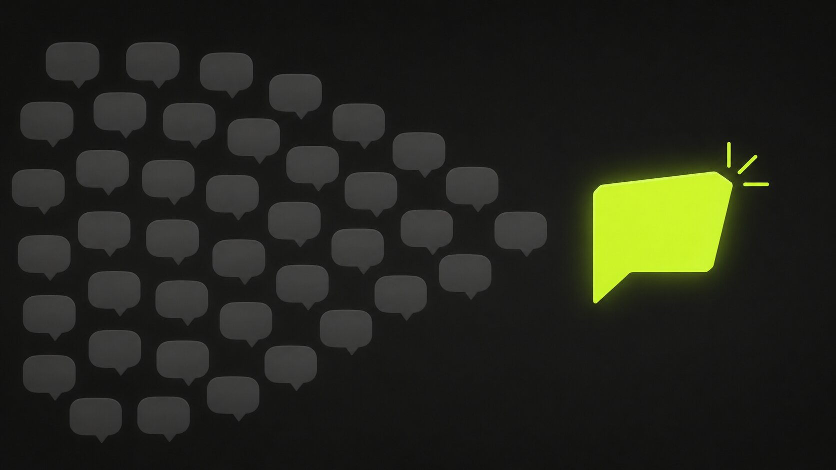 Editorial illustration on a dark background of a brand with a clear, distinctive point of view standing out from a crowd of generic, interchangeable posts