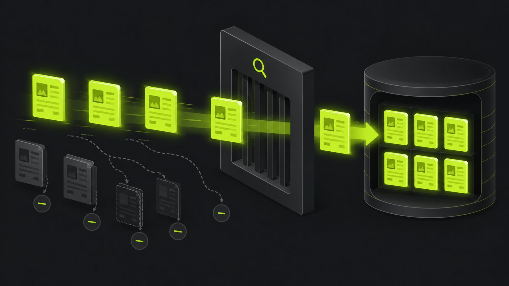 Editorial illustration on a dark background of indexation: a search engine deciding which pages to keep in its index, valuable pages accepted and thin or duplicate ones filtered out