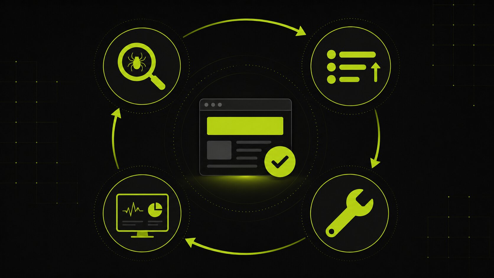 Editorial illustration on a dark background of a continuous technical SEO process: audit, prioritise, fix and monitor looping around a healthy website rather than a one-off cleanup