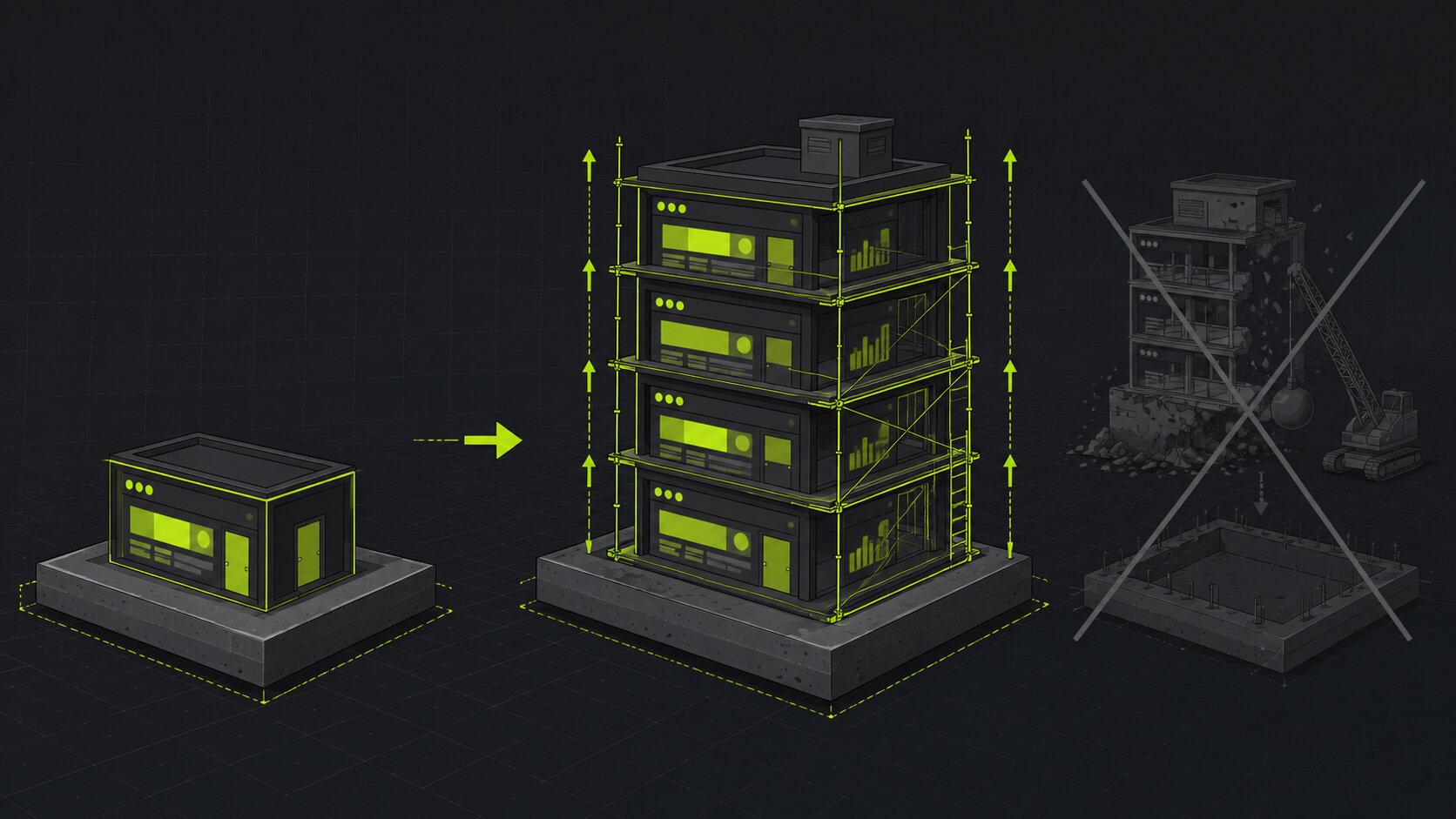 Editorial illustration on a dark charcoal background with lime accents: a small web application MVP growing into a larger scaled system on the same solid foundation rather than being rebuilt