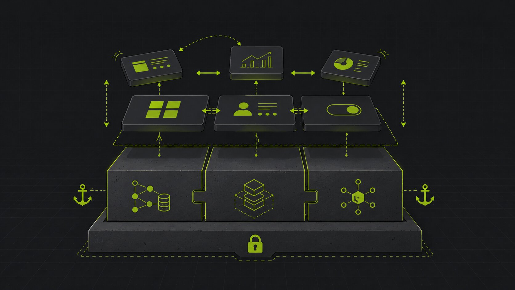 Editorial illustration on a dark background of foundational web application decisions, the data model, structure and coupling, sitting beneath features that can be changed cheaply above them