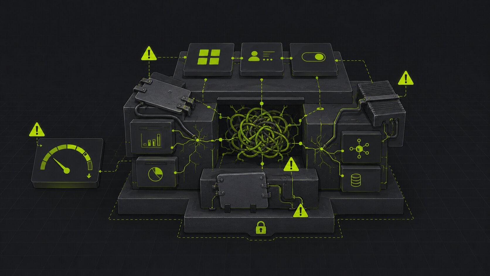 Editorial illustration on a dark background of warning signs that a web application is heading for a rebuild, slowing delivery, spreading breakages and mounting workarounds in the foundations