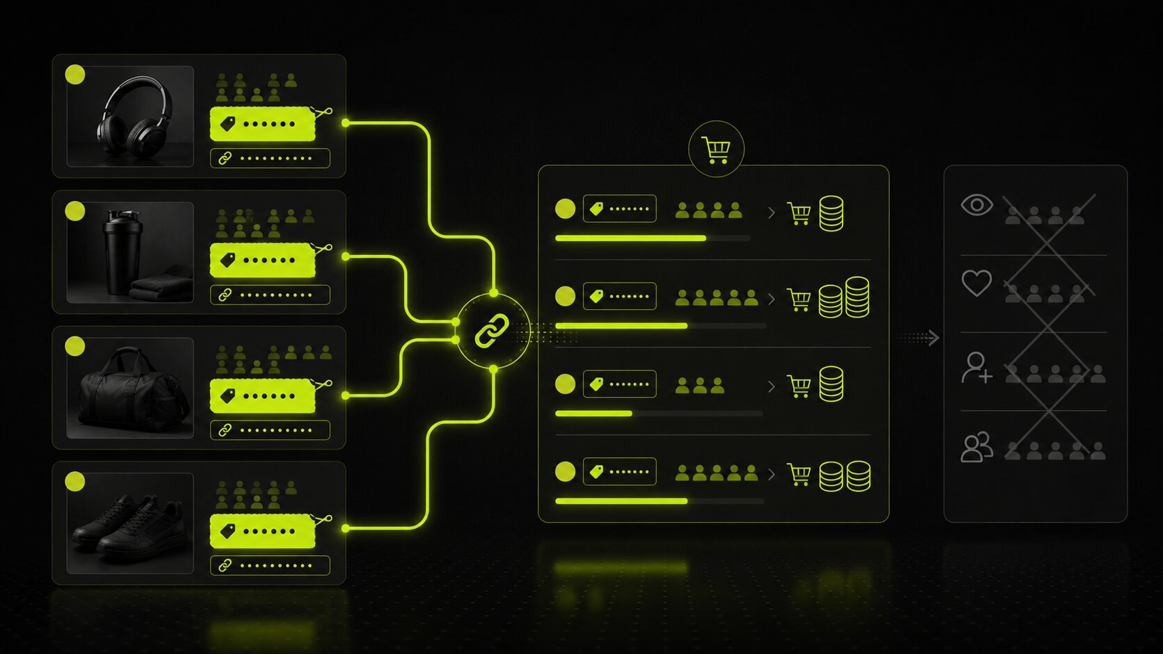 Editorial illustration on a dark background of measuring influencer marketing by traceable outcomes, unique codes and links leading to sales, rather than by views and likes