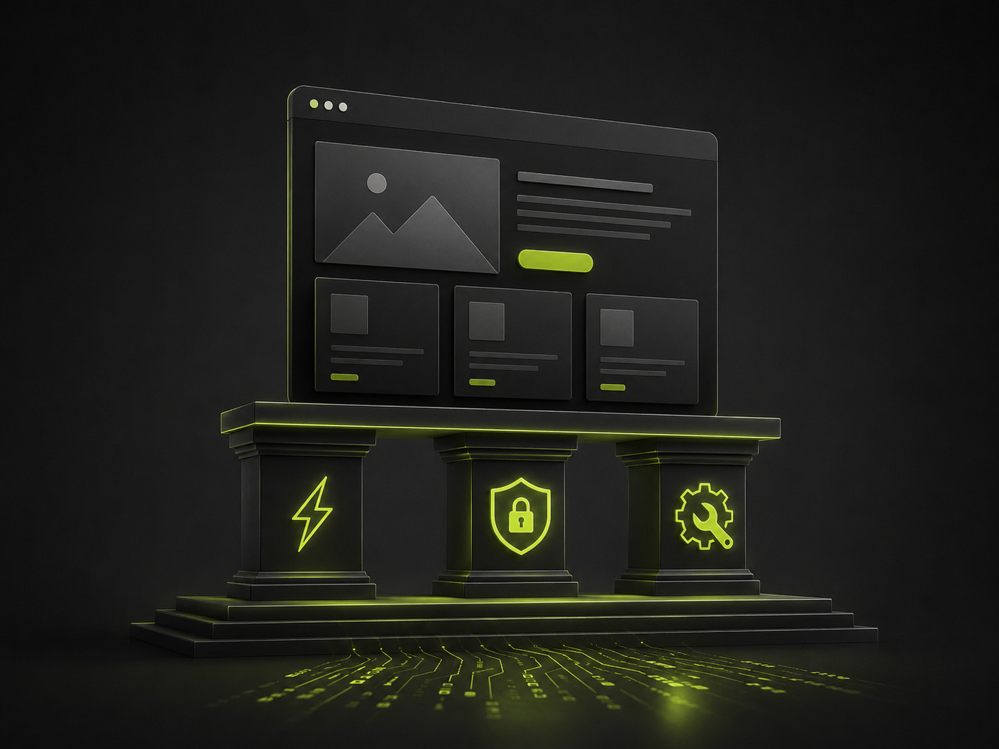 Editorial illustration on a dark background of a well-maintained custom WordPress site with clean code, performance, security and ongoing maintenance holding it steady