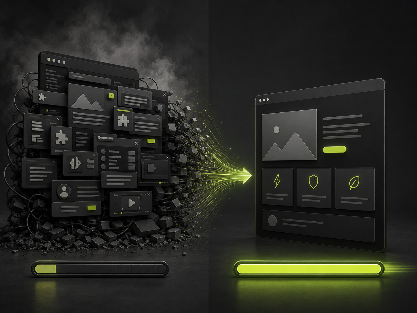 Editorial illustration on a dark background of a heavy plugin-laden WordPress theme site loading slowly, contrasted with a lean custom build that loads fast