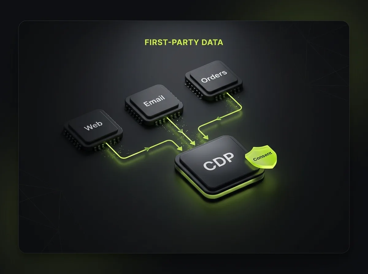 First-party data flowing into a customer data platform with consent management for privacy-compliant personalization
