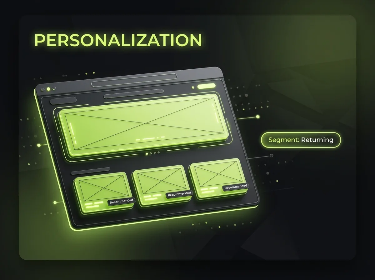 Website personalization showing dynamic content, product recommendations and segment-based tailoring in real time