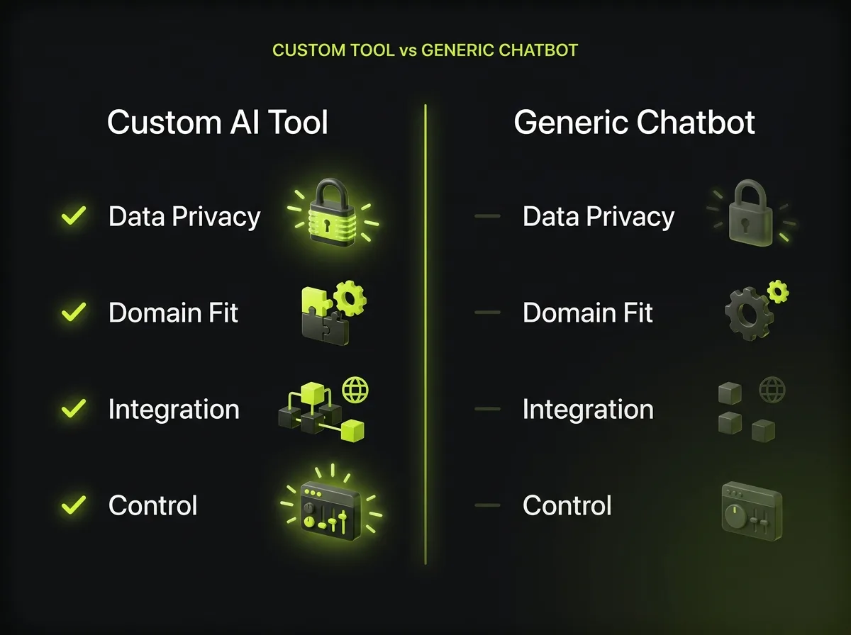 Comparison of a custom AI tool versus a generic chatbot across ownership, data privacy, domain fit and integration