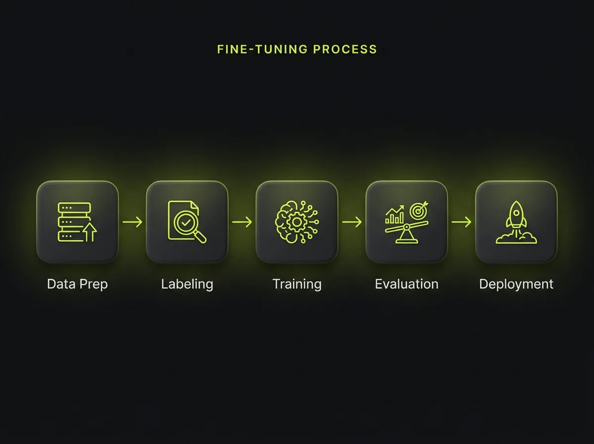 Fine-tuning project stages: data preparation, labeling, supervised training, evaluation, and deployment