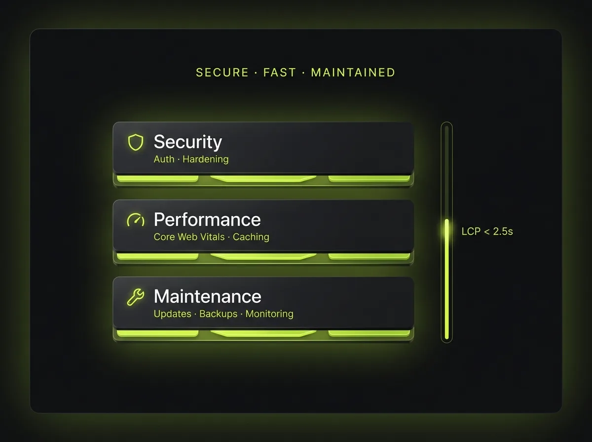 Security, performance and maintenance layers: hardening, caching, Core Web Vitals, monitoring, backups and ongoing updates