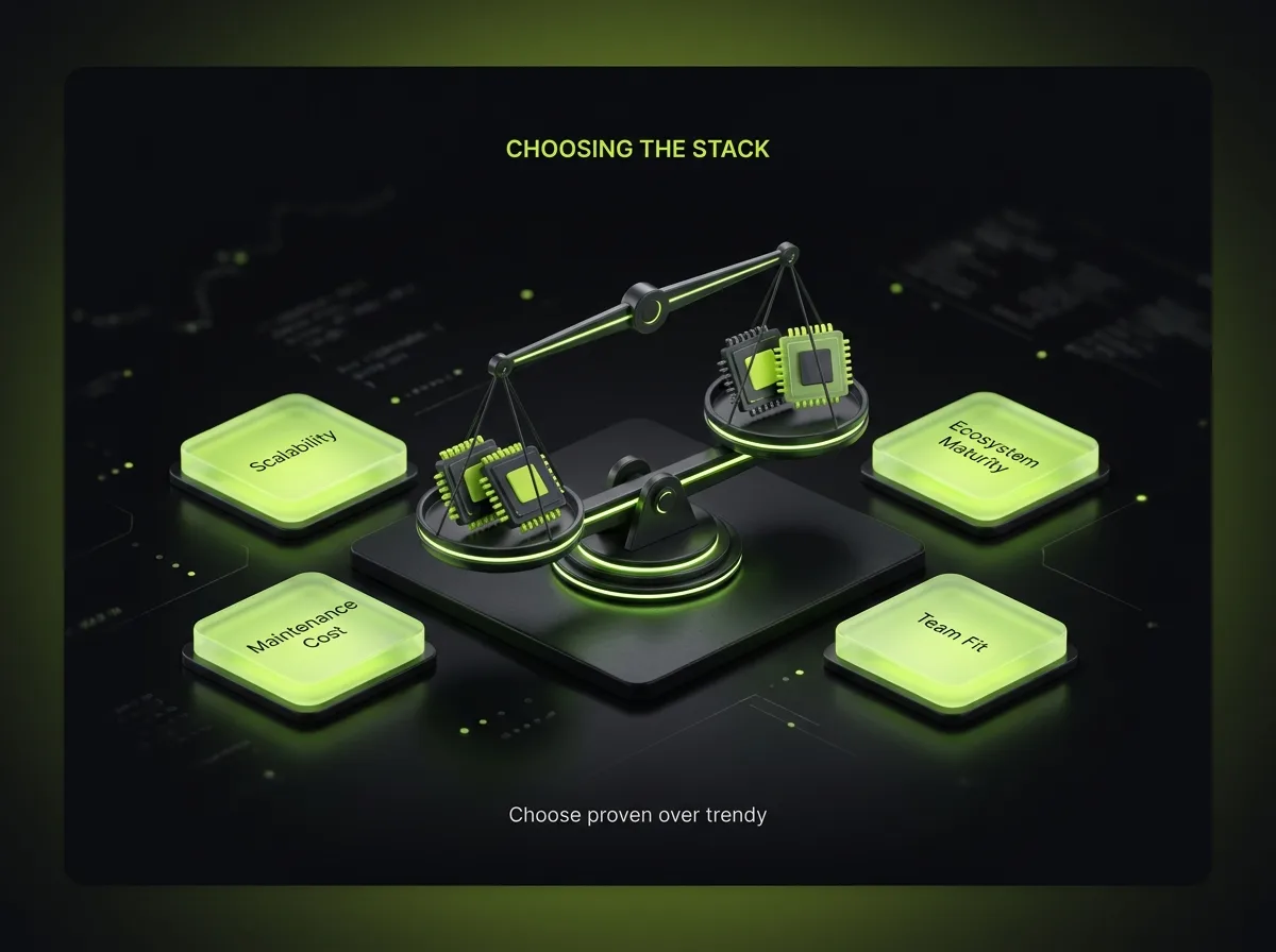 Tech stack decision framework weighing scalability, team familiarity, ecosystem maturity and long-term maintenance cost