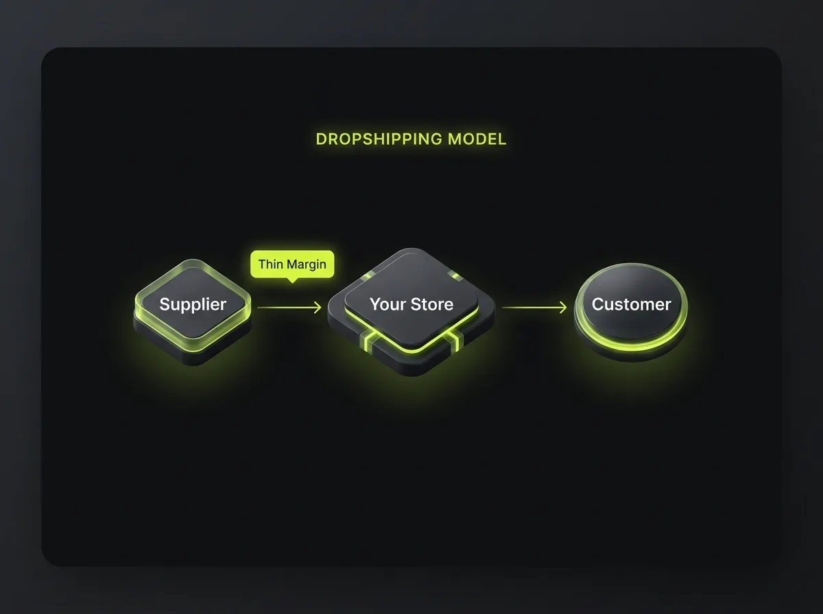 Diagram of the dropshipping model showing supplier, store and customer, with the thin margin between supplier cost and selling price