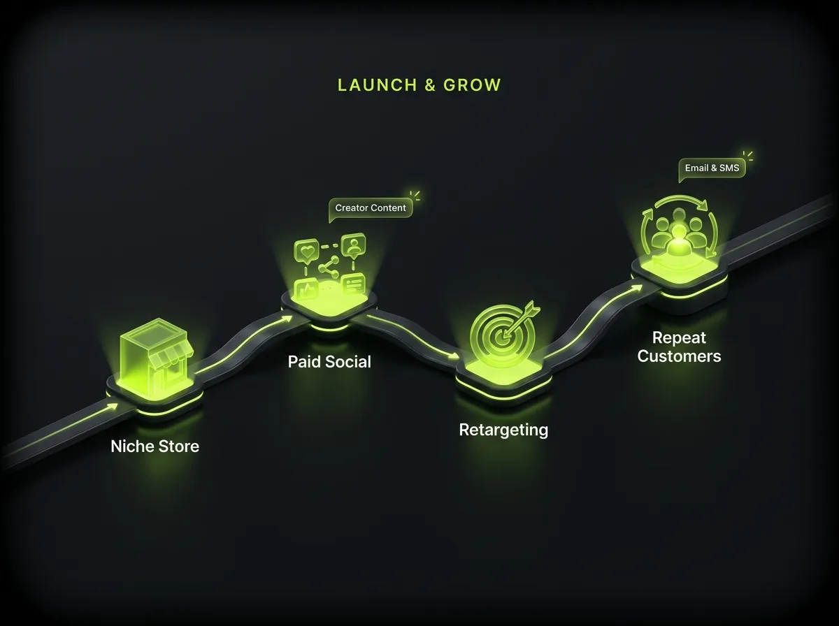 Store launch and growth: niche store branding, paid social and creator content driving traffic, retargeting and repeat customers
