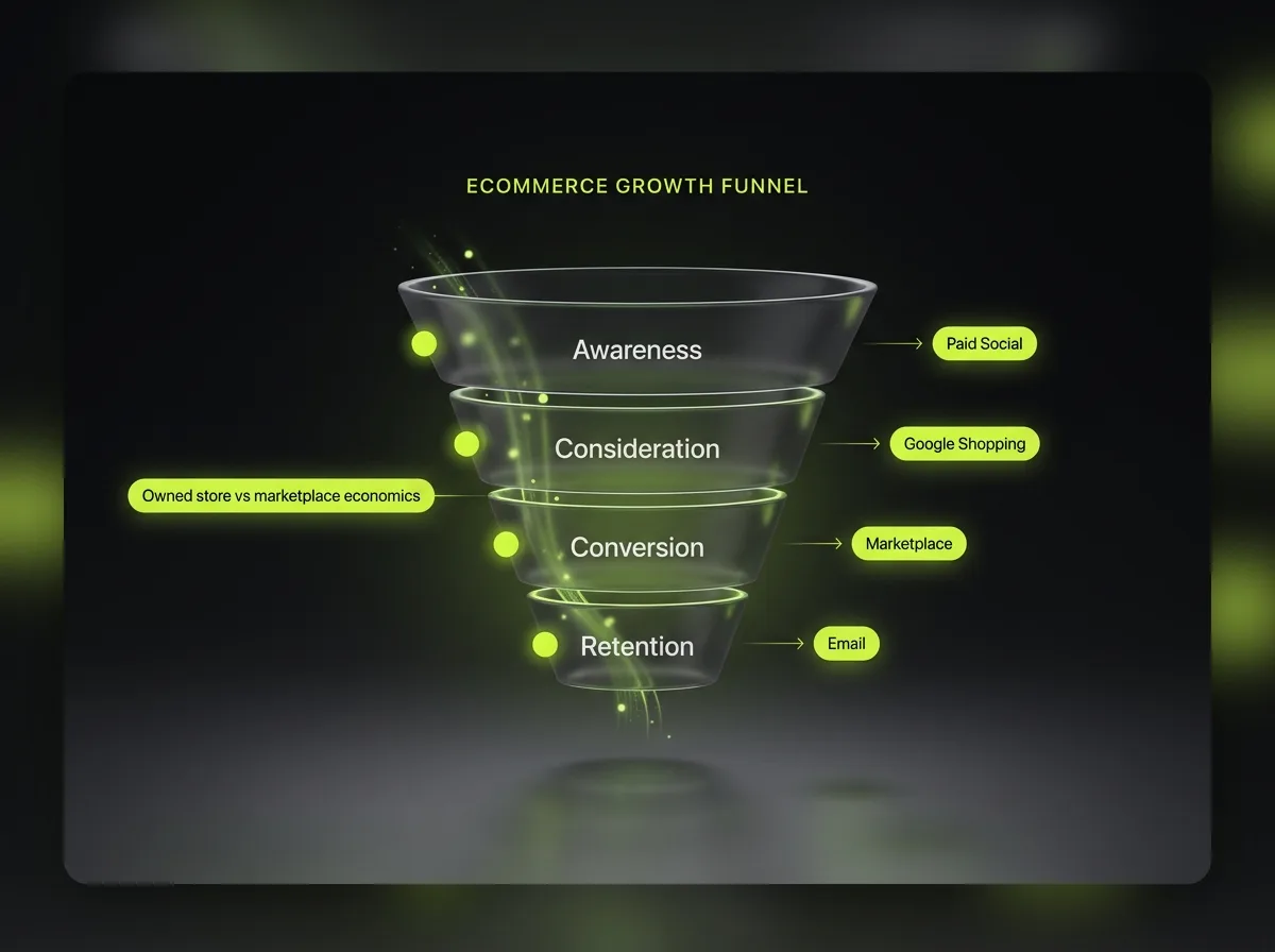 Ecommerce growth funnel mapping paid social, Google Shopping, marketplace and email to awareness, consideration, conversion and retention