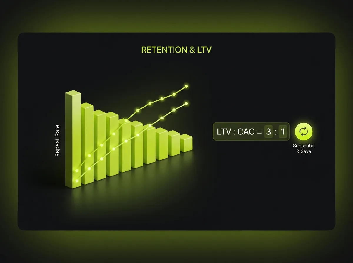 Retention and lifetime value chart with rising repeat-purchase rate, an LTV to CAC ratio of three to one and a subscribe-and-save loop