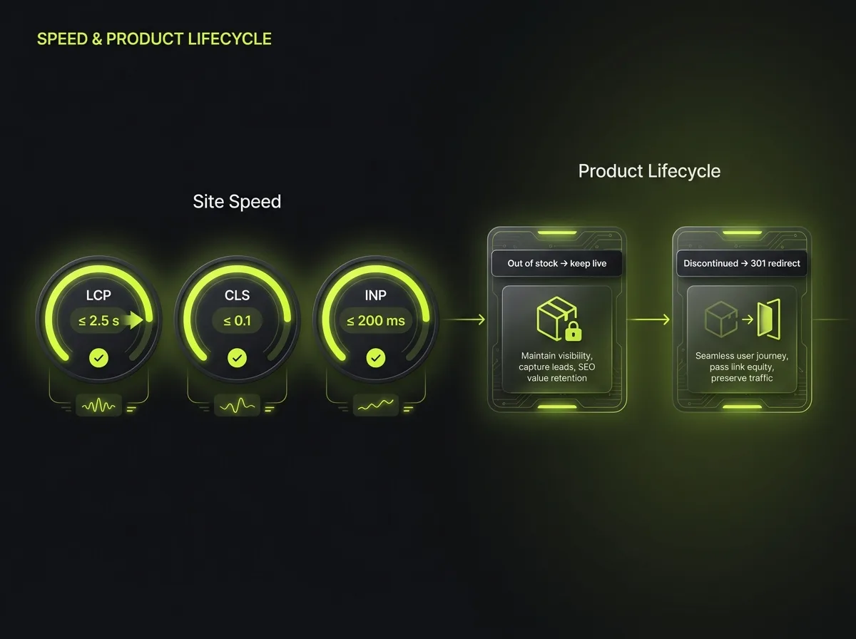 Core Web Vitals gauges for LCP, CLS and INP beside product lifecycle handling: keep out-of-stock live, 301 the discontinued