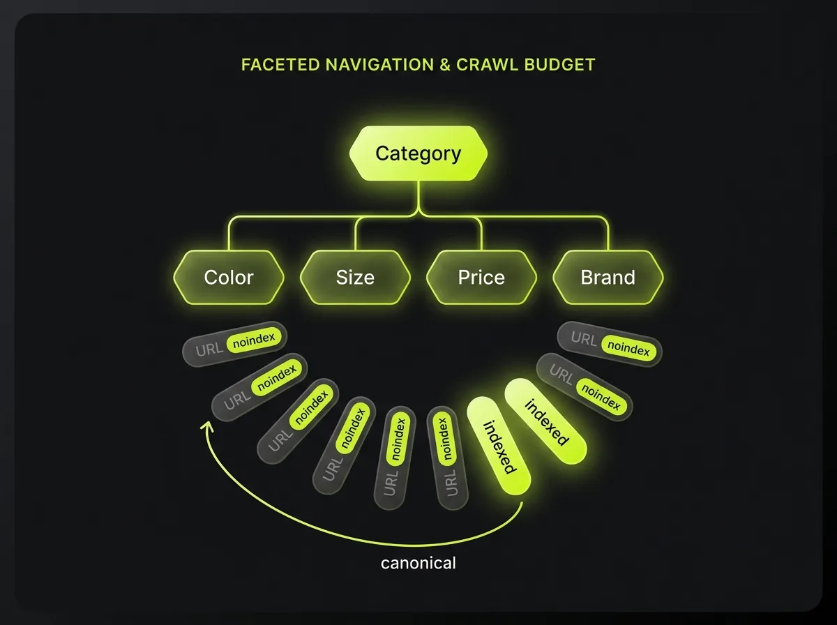 Faceted navigation diagram: category filters multiply into URLs, most set to noindex, a few indexed, with canonical pointing back to the clean page