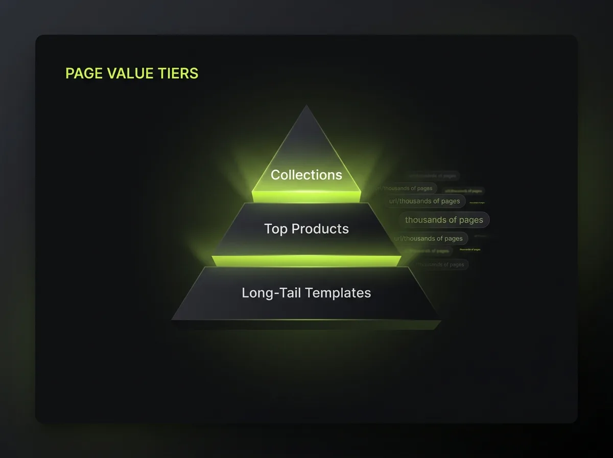 Page value tiers pyramid: collections and top products get human attention, the long tail gets a strong scalable template