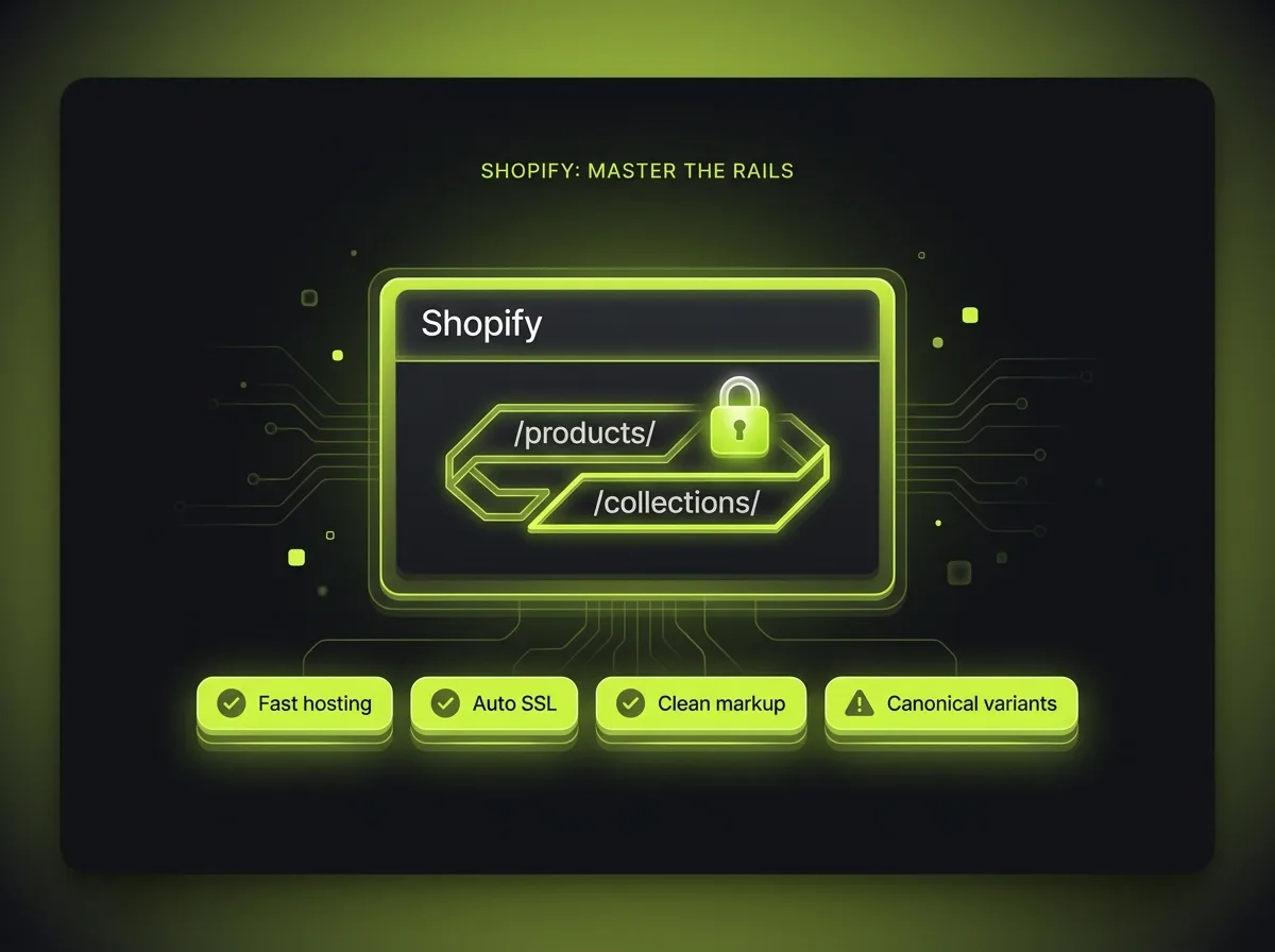 Shopify SEO constraints: fixed /products/ and /collections/ URL structure with fast hosting, automatic SSL and canonical variant handling