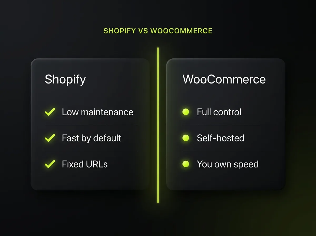 Shopify versus WooCommerce comparison: low maintenance and fast by default versus full control and self-hosted flexibility