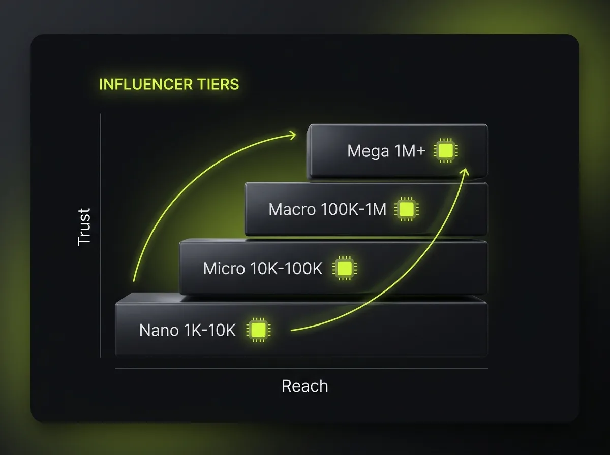 Influencer tier ladder from nano to mega with follower ranges, showing trust highest at the bottom and reach highest at the top