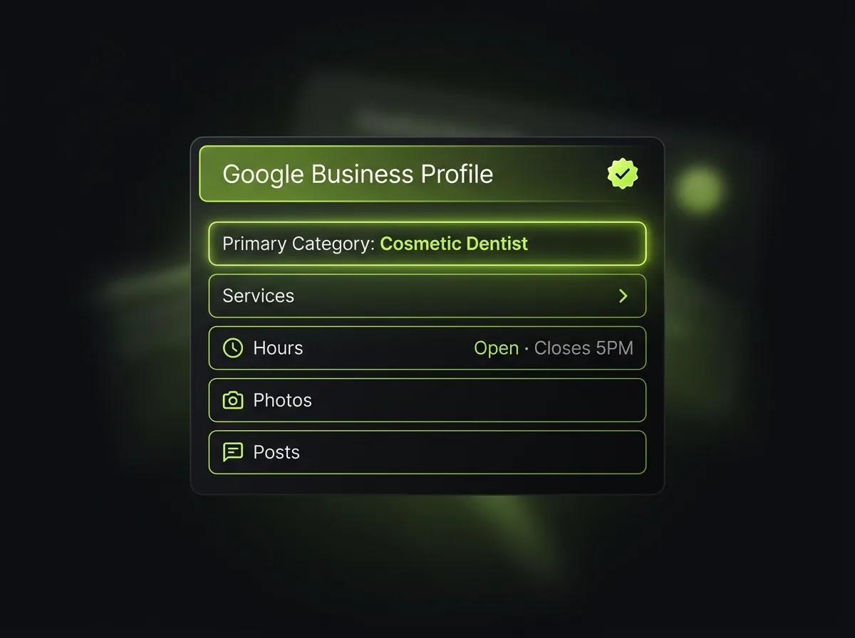 Google Business Profile dashboard highlighting primary category, services, hours and posts, with primary category as the highest-leverage field