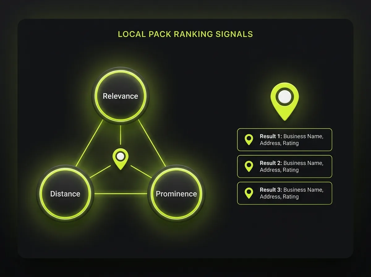 Diagram of the three local pack ranking signals: relevance, distance and prominence feeding the Google local pack