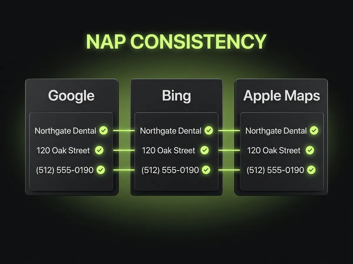 NAP consistency across Google, Bing and Apple Maps showing an identical business name, address and phone number on every directory