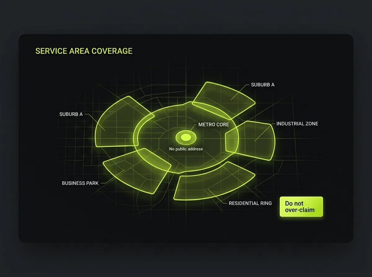 Service area coverage map for a business with no public address, showing realistic service zones and a warning against over-claiming