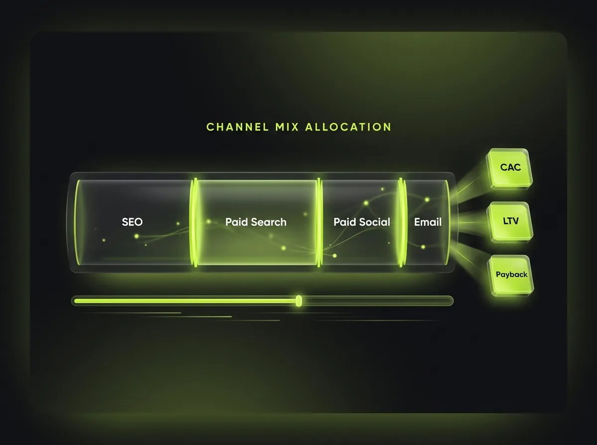 Channel mix allocation bar split across SEO, paid search, paid social and email with CAC, LTV and payback period metric chips