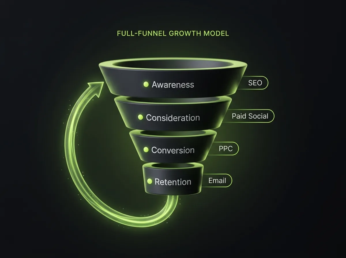 Full-funnel marketing model: awareness, consideration, conversion and retention stages with SEO, paid social, PPC and email mapped to each