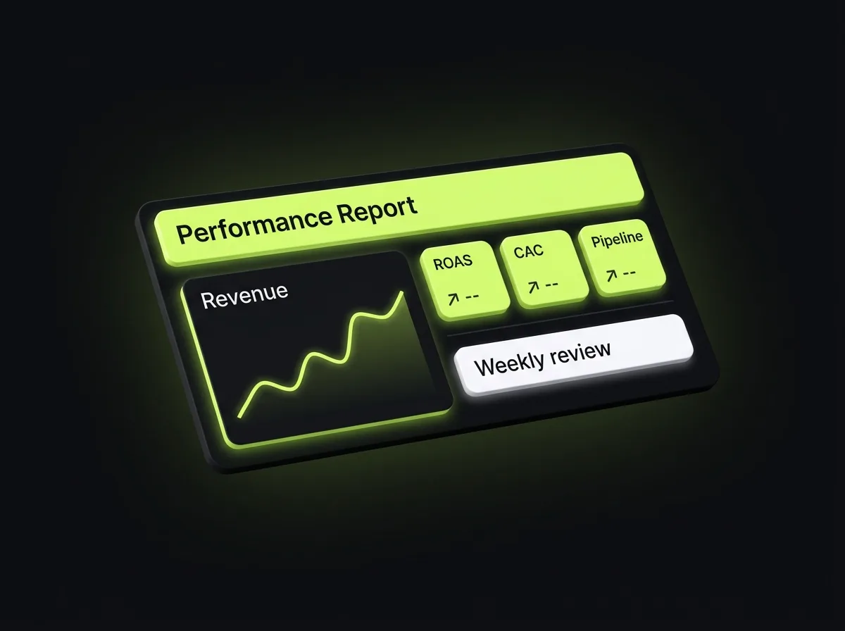Marketing reporting dashboard with a revenue trend chart, ROAS, CAC and pipeline KPI tiles and a weekly review cadence