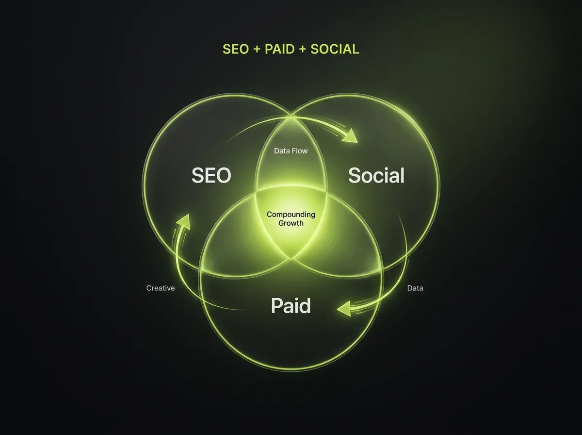 Overlapping circles showing SEO, paid and social compounding, with the central overlap producing compounding growth