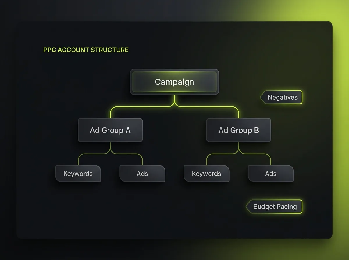PPC account structure tree showing campaigns, ad groups, keywords and ads with negative keywords and budget pacing
