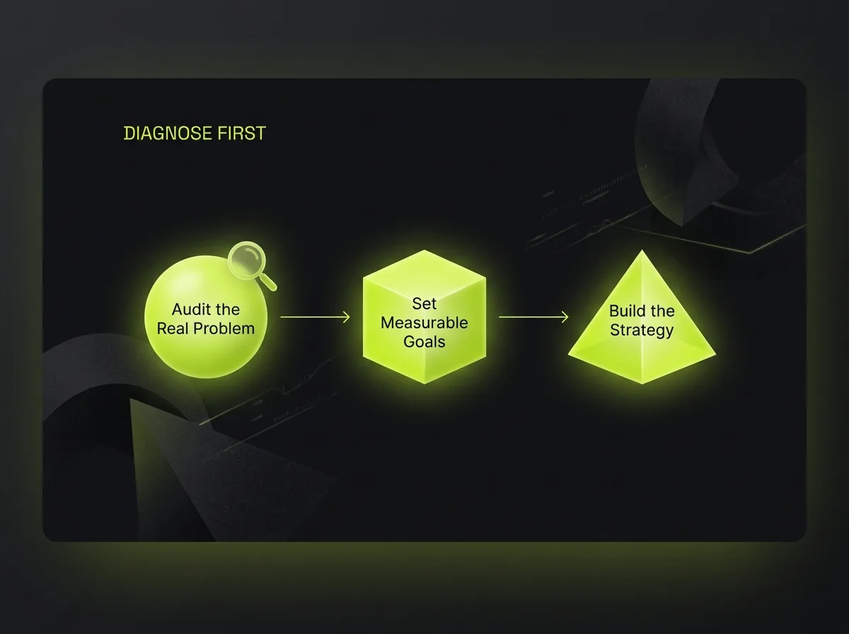 Diagnostic-first approach: audit the real problem, set measurable goals, then build the strategy before any execution