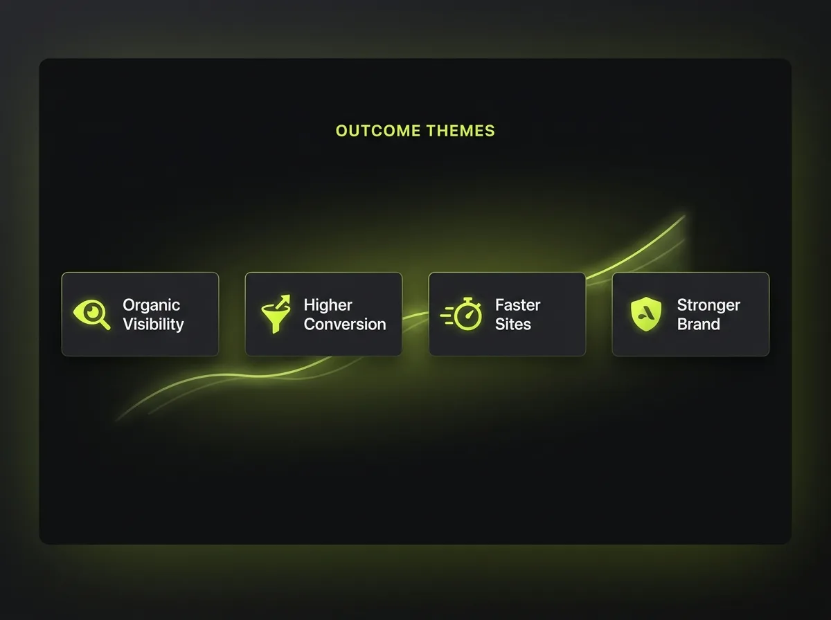 Outcome themes across the portfolio: organic visibility growth, higher conversion rates, faster sites and stronger brand presence