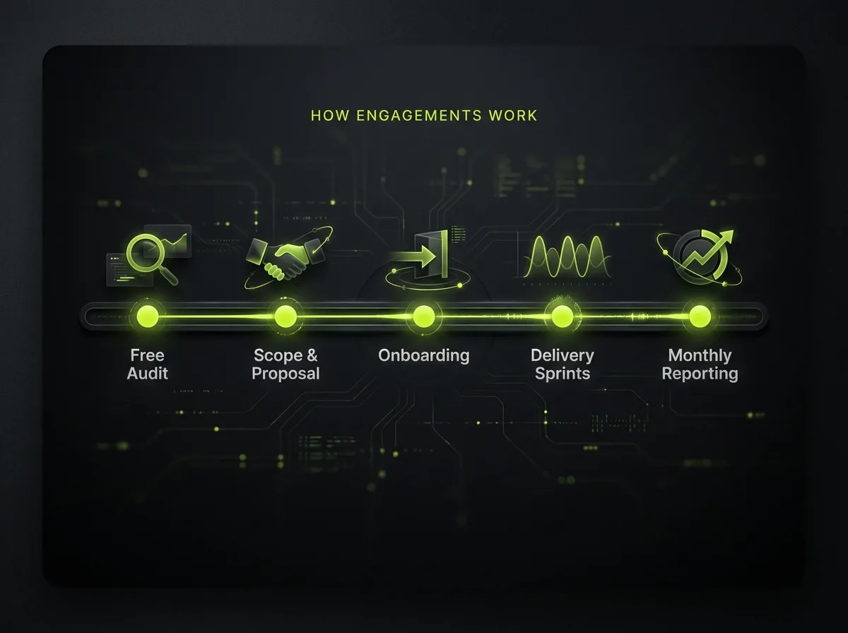 Engagement process timeline: free audit, scoping and proposal, onboarding, delivery sprints and monthly reporting