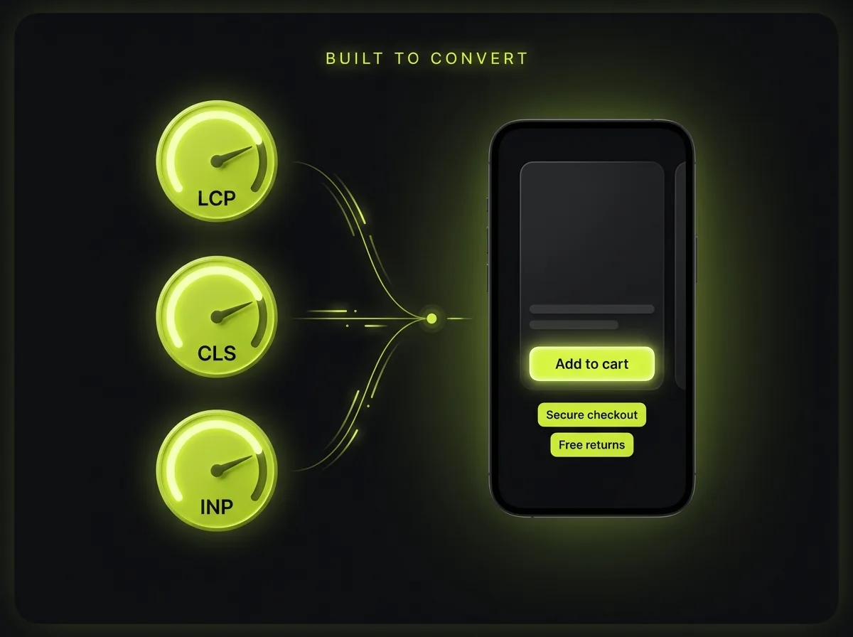 Shopify storefront conversion diagram with Core Web Vitals gauges for LCP, CLS and INP beside a mobile product page with add to cart and trust signals