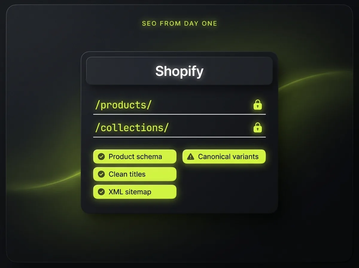Shopify SEO foundation card showing the fixed products and collections URL structure with product schema, clean titles, XML sitemap and a canonical variants caution