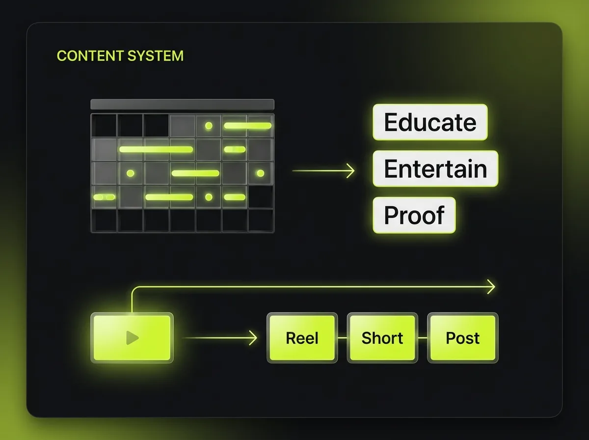Content system with a calendar, content pillars of educate, entertain and prove, and one source clip repurposed into reels, shorts and posts