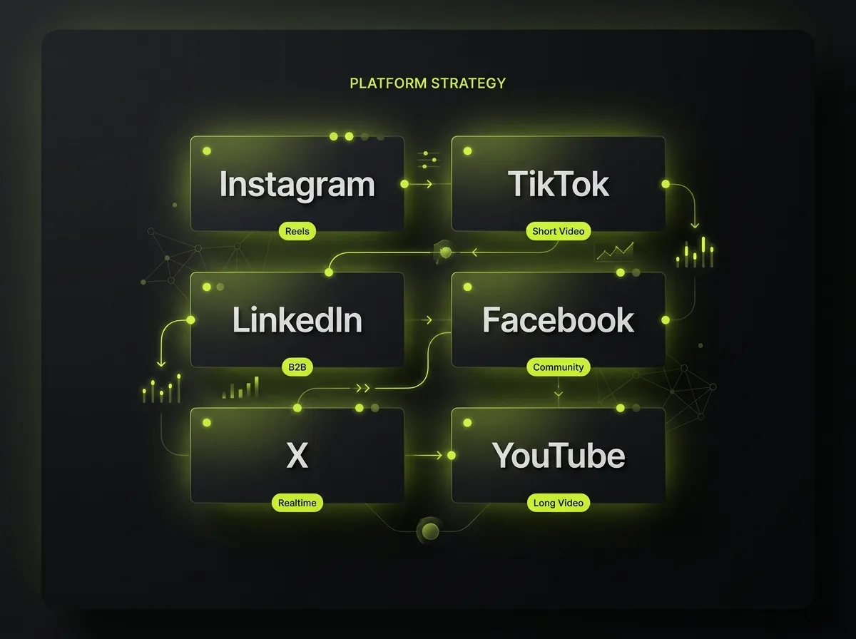Platform strategy grid mapping Instagram, TikTok, LinkedIn, Facebook, X and YouTube to their best-fit content formats