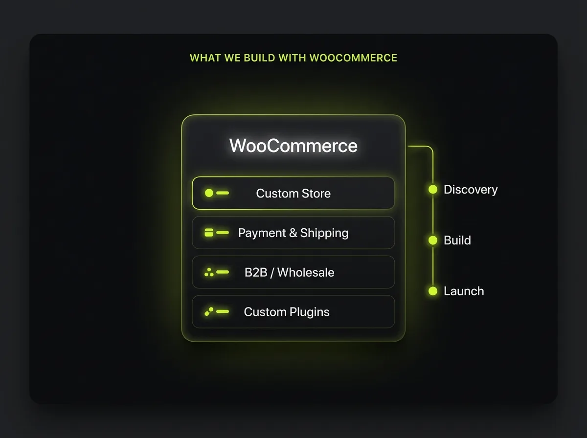 WooCommerce build card listing custom store, payment and shipping, B2B wholesale and custom plugins alongside a discovery, build and launch delivery flow