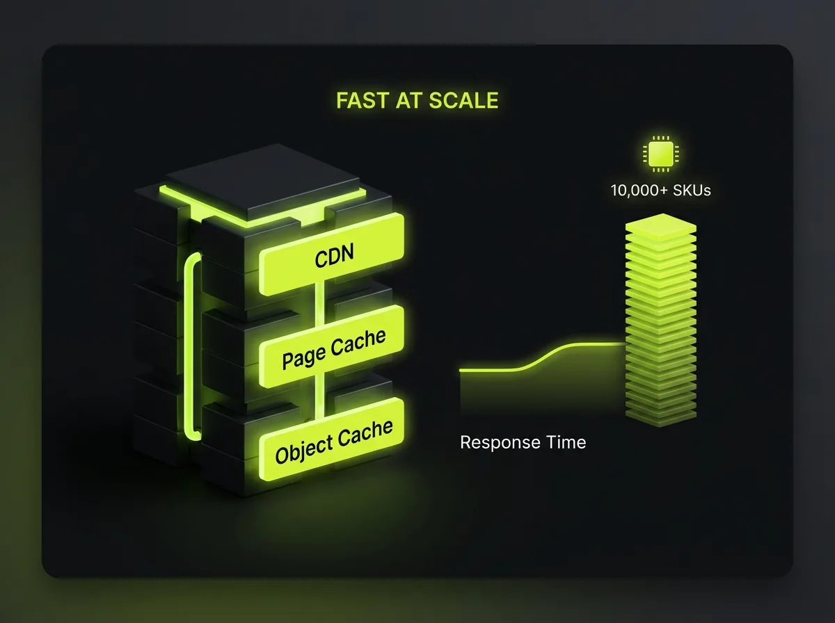 WooCommerce scaling diagram showing object cache, page cache and CDN layers keeping response time flat as the catalogue grows past ten thousand SKUs