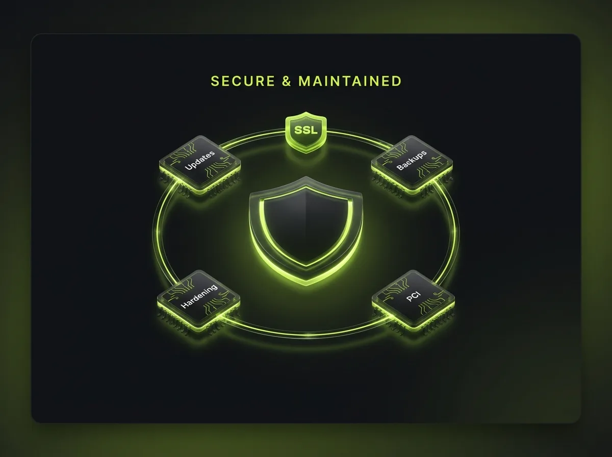 WooCommerce security and maintenance shield surrounded by updates, backups, hardening and PCI with an SSL badge