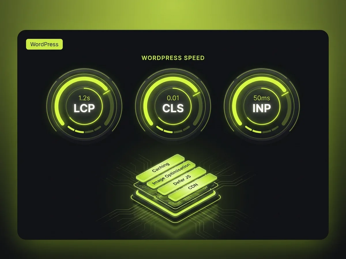 WordPress speed dashboard with healthy LCP, CLS and INP gauges above a stack of caching, image optimisation, defer JS and CDN chips
