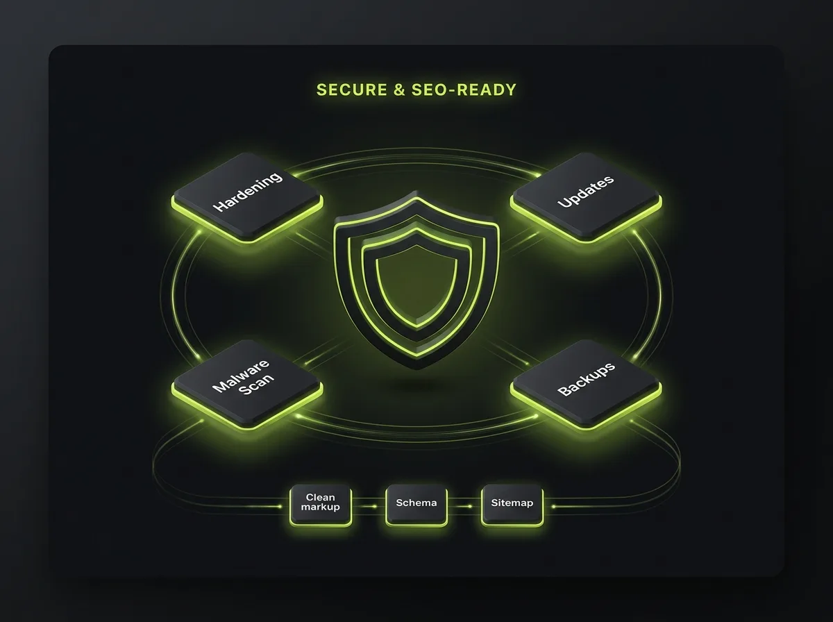 WordPress security and SEO foundation shield ringed by hardening, updates, malware scan and backups above clean markup, schema and sitemap chips